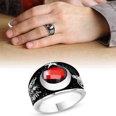 Tuğra ve Arma İşlemeli Ayyıldız Motifli Zirkon Taşlı 925 Ayar Gümüş Yüzük - Tesbihane