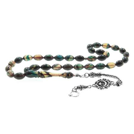 925 Ayar Gümüş Ayyıldız Püsküllü Arpa Kesim Yeşil Sıkma Kehribar Tesbih - Tesbihane