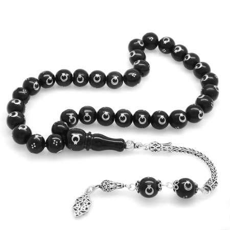 925 Ayar Gümüş Ay Yıldız Püsküllü Gümüş Ay Yıldız İşlemeli Rus Oltu Tesbih - Tesbihane