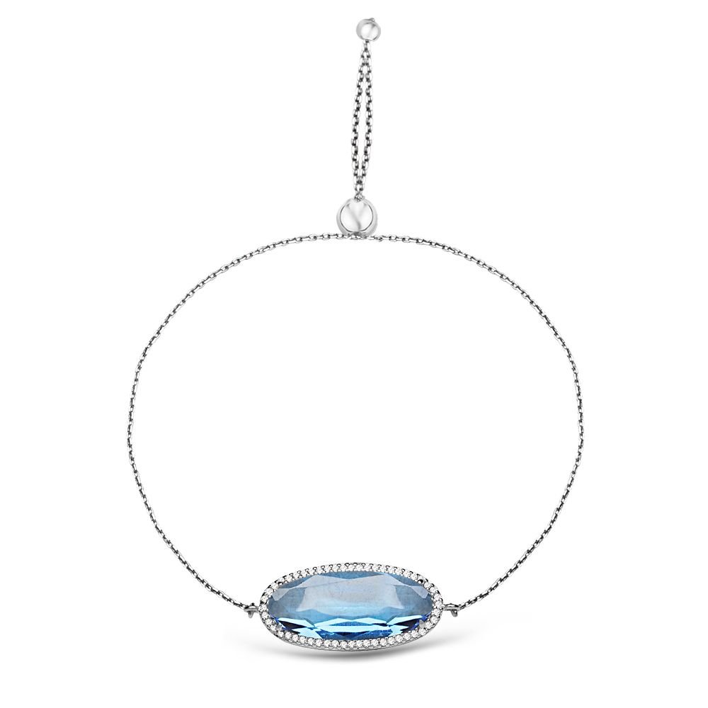 925 Ayar Gümüş Ayarlanabilen Hidro Aqua Mavi Renk  Oval Model Taş Bileklik - 1