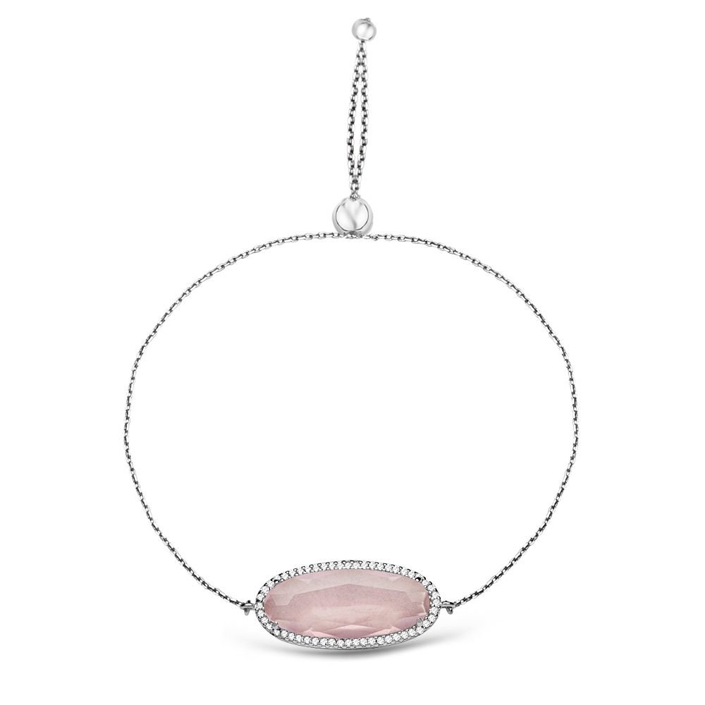 925 Ayar Gümüş Ayarlanabilen Hidro Pembe Kuvars Renk Oval Model Taş Bileklik - 1