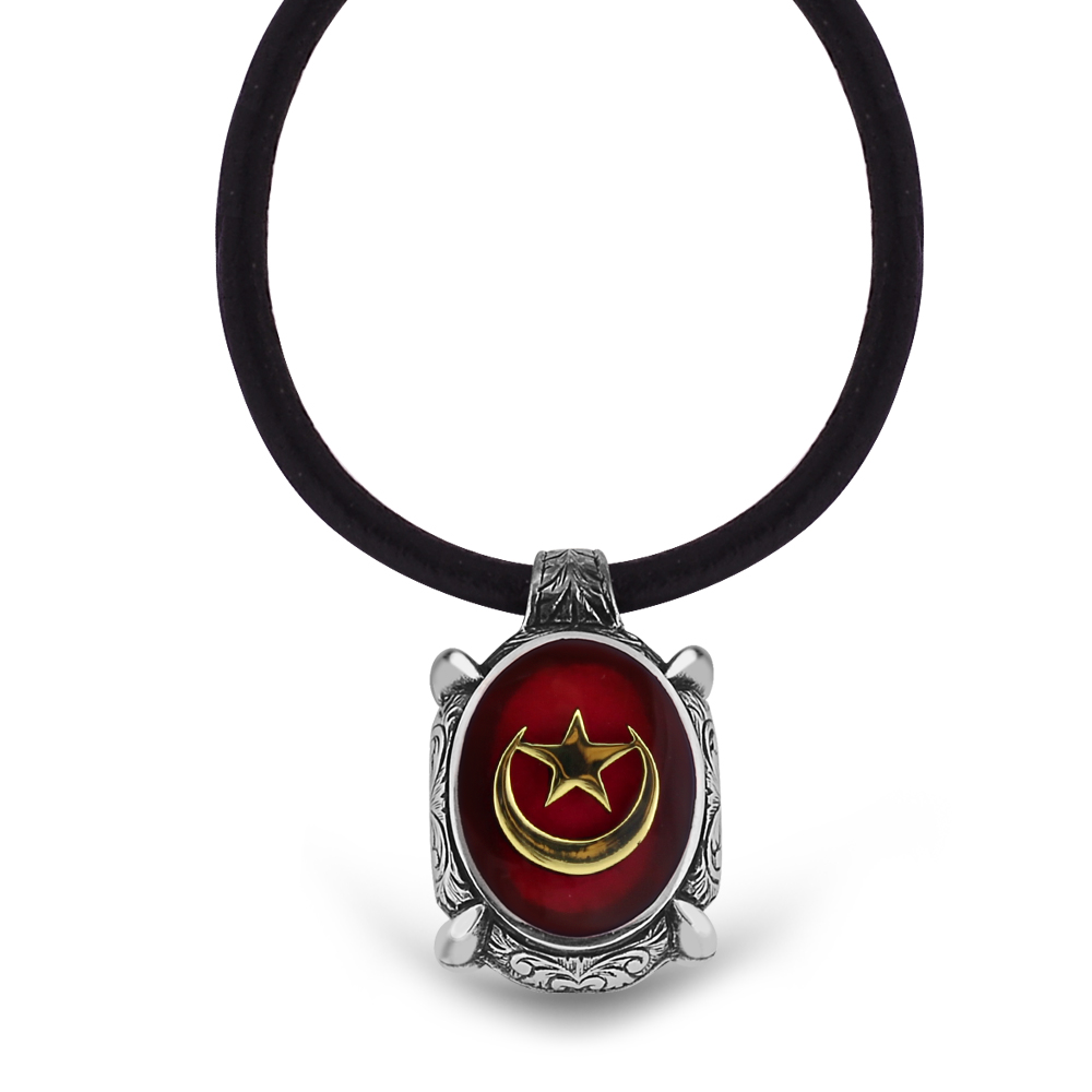 925 Ayar Gümüş Ayyıldız Desen Kırmızı Mineli Kolye - 1