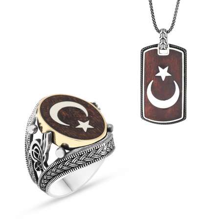 Ayyıldız Motifli 925 Ayar Gümüş Yüzük ve Yılan Ağacı Kolye Kombini - Tesbihane