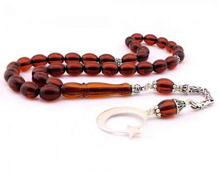 925 Ayar Gümüş Ayyıldız Püsküllü Arpa Kesim Damla Kehirbar Tesbih - Tesbihane