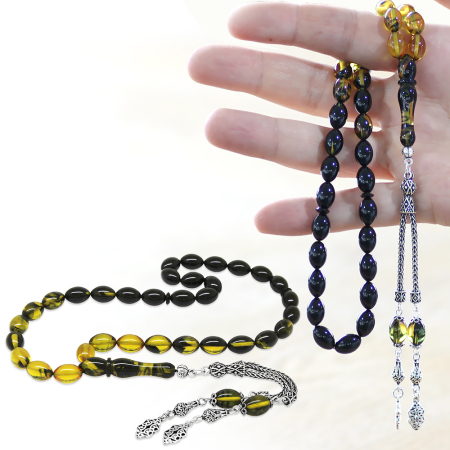 925 Ayar Gümüş Çift Püsküllü Arpa Kesim Süzme Sarı Siyah Ateş Kehribar Tesbih - Tesbihane