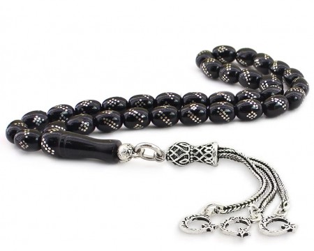 925 Ayar Gümüş Ay Yıldız Püsküllü Gümüş İşlemeli Arpa Kesim Rus Oltu Tesbih - Tesbihane