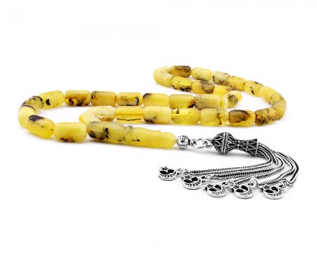 925 Ayar Gümüş Ayyıldız Püsküllü Kapsül Kesim Damla Kehribar Tesbih - Tesbihane