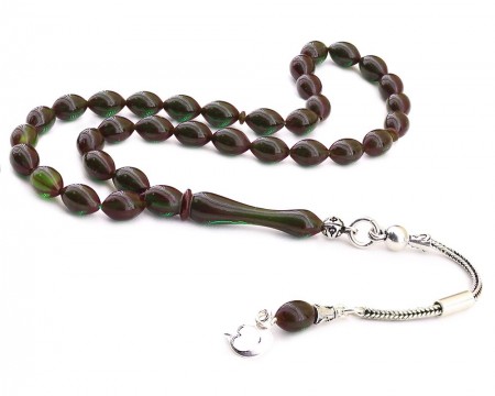 925 Ayar Gümüş Ayyıldız Püsküllü Özel Renk Sıkma Kehribar Tesbih - Tesbihane