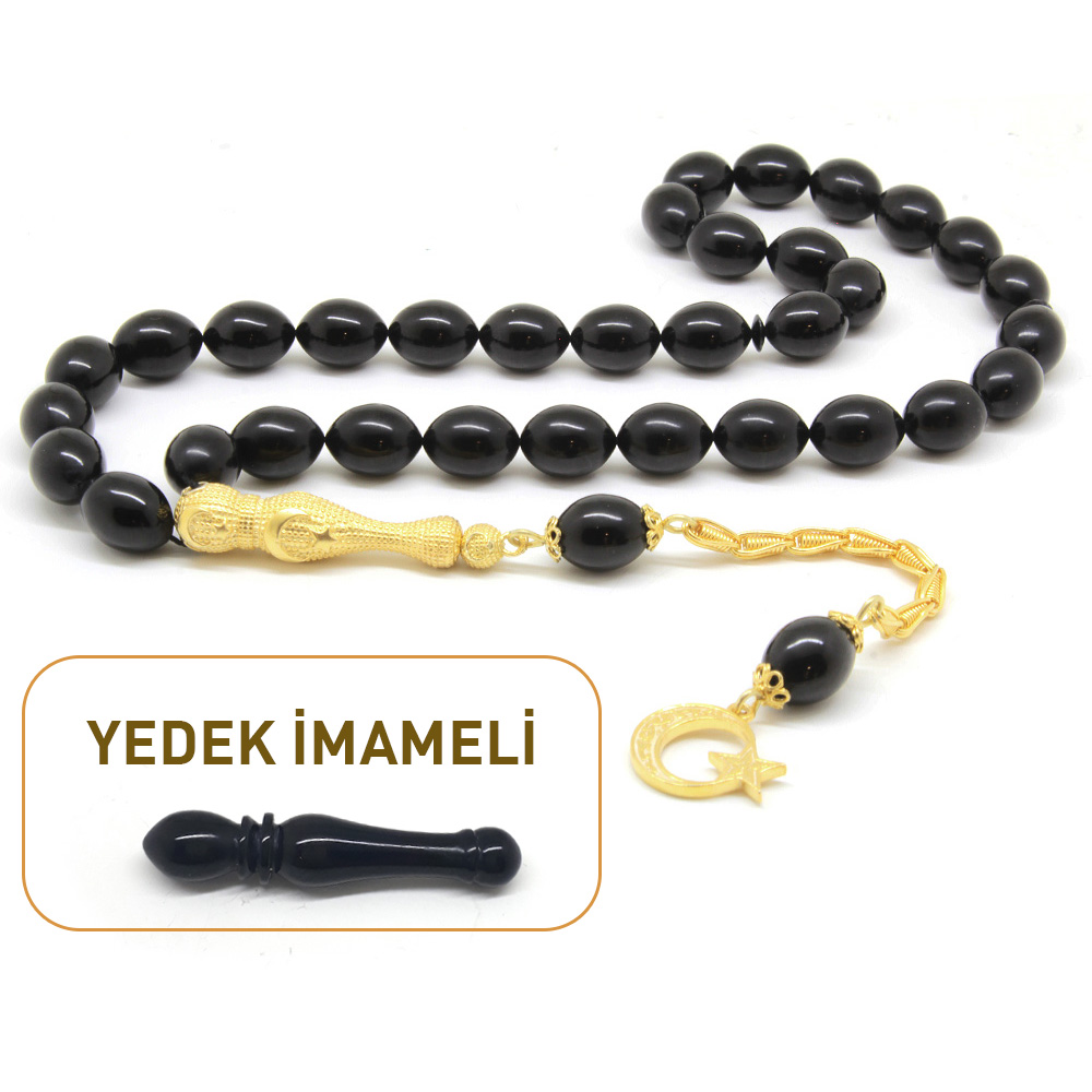 925 Ayar Gümüş Ayyıldız Püsküllü Yedek İmameli Siyah Sıkma Kehribar Tesbih - 1