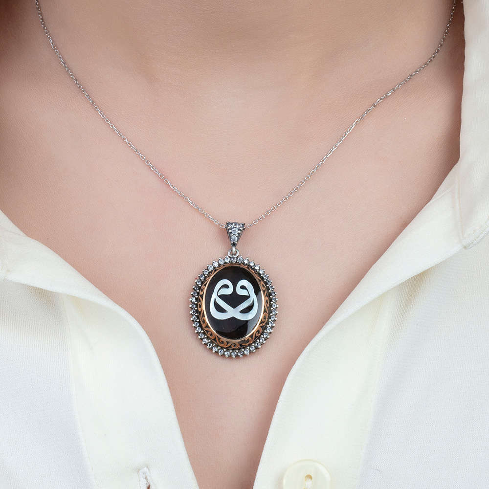 Bağa Üzeri Sedef İşlemeli Çift Vav Tasarım 925 Ayar Gümüş Kolye - 2