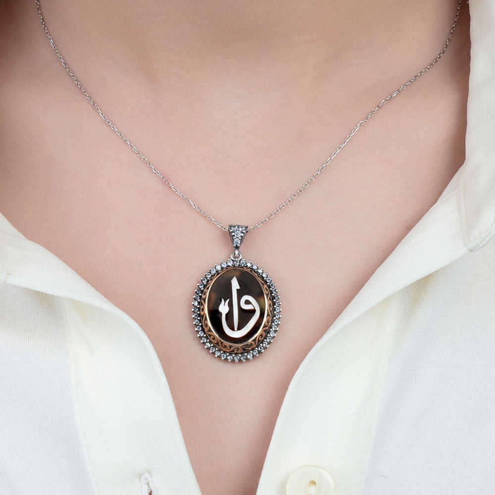 Bağa Üzeri Sedef İşlemeli Elif Vav Yazılı 925 Ayar Gümüş Kolye - 2