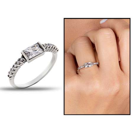 925 Ayar Gümüş Baget Kesim Zirkon Taşlı Yüzük - STOKYOK