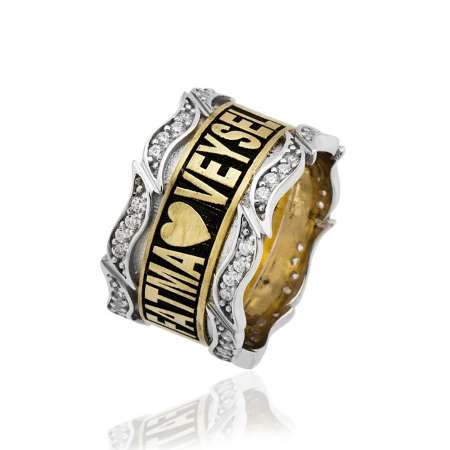 İsim Yazılı Zirkon Taş İşlemeli Yaprak Motifli 925 Ayar Gümüş Bayan Alyans - Tesbihane