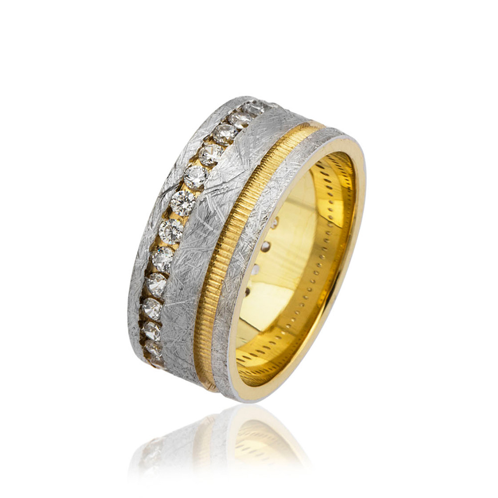 Çift Şerit Tasarım Zirkon Taş İşlemeli Gold-Gri Renk 925 Ayar Gümüş Bayan Alyans - 1
