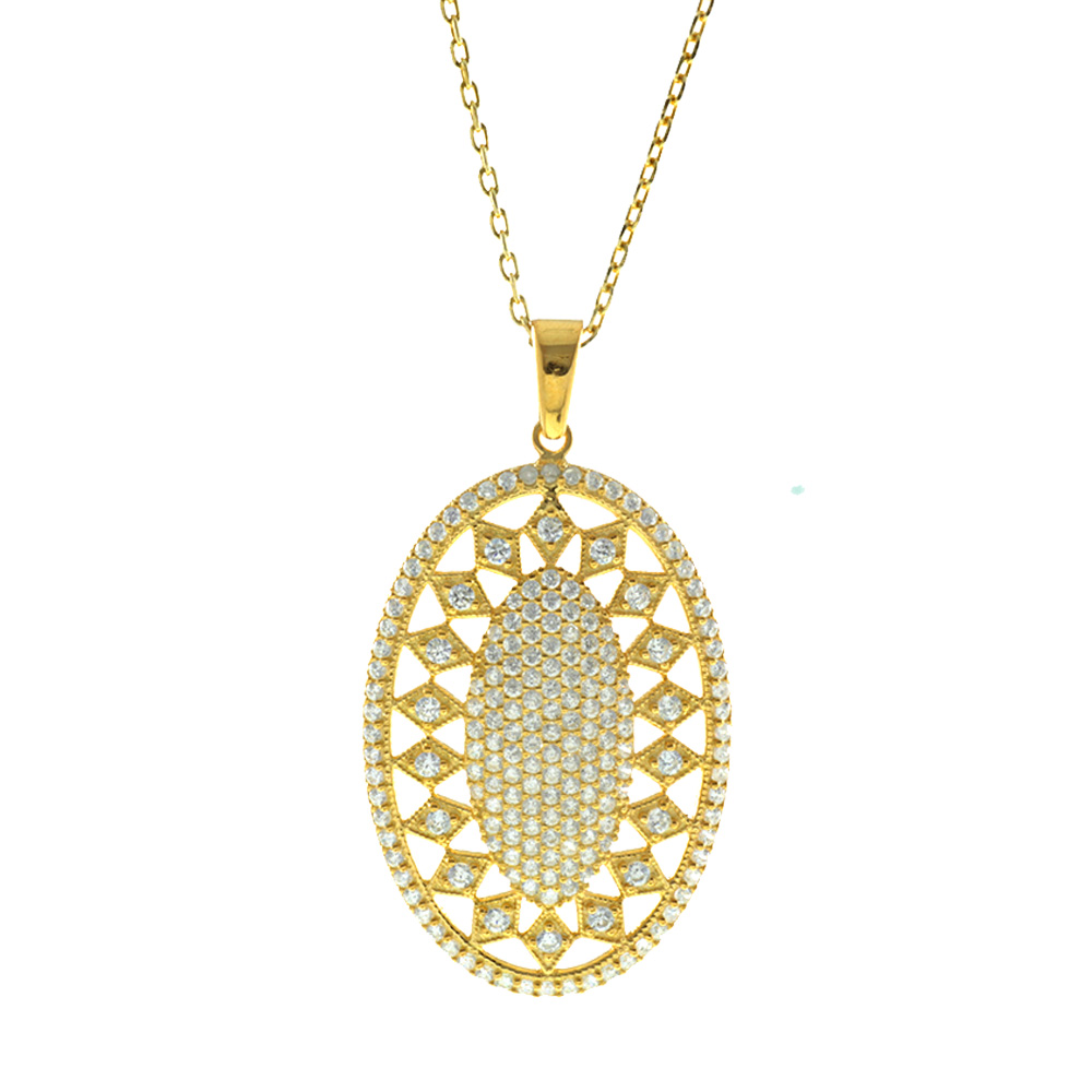 Beyaz Zirkon Taşlı Baklava Desen Oval 925 Ayar Gümüş Bayan Kolye - 4