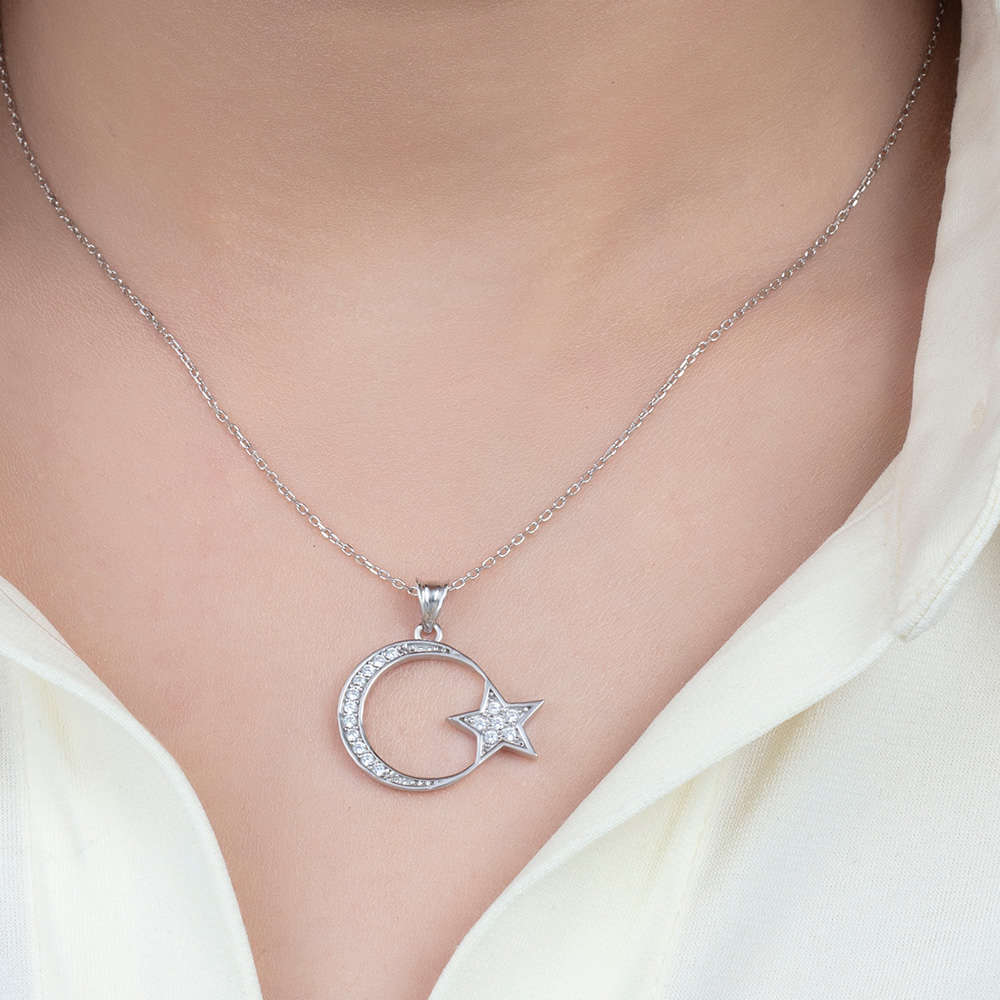 Beyaz Zirkon Taşlı Ayyıldız 925 Ayar Gümüş Bayan Kolye - 2