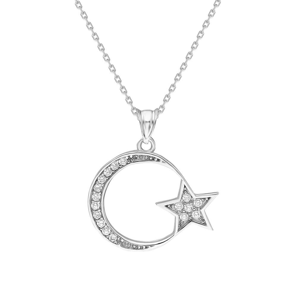 Beyaz Zirkon Taşlı Ayyıldız 925 Ayar Gümüş Bayan Kolye - 3