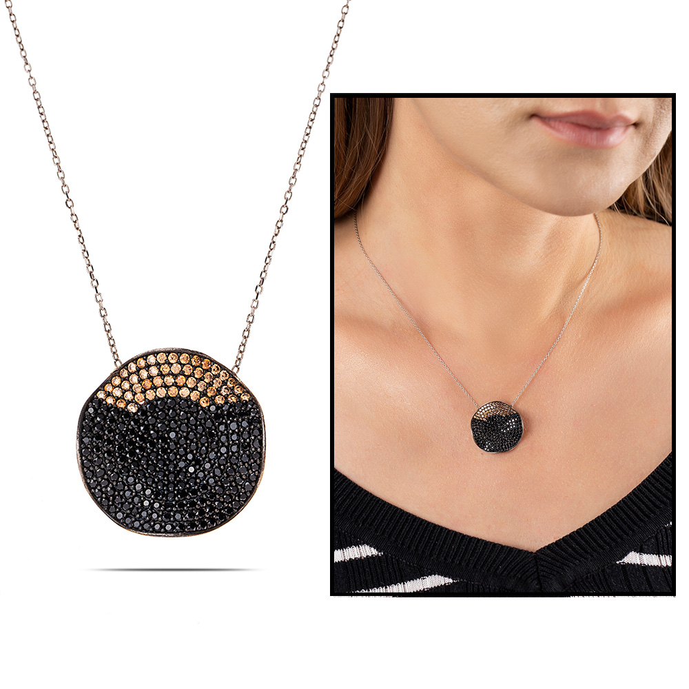 Sarı Siyah Zirkon Taşlı Dalgalı Tasarım 925 Ayar Gümüş Bayan Kolye - 1