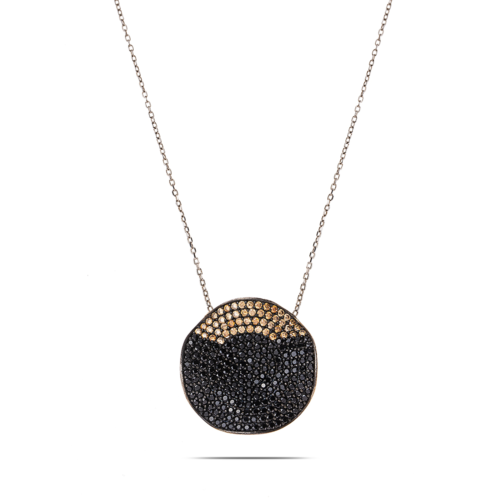 Sarı Siyah Zirkon Taşlı Dalgalı Tasarım 925 Ayar Gümüş Bayan Kolye - 5