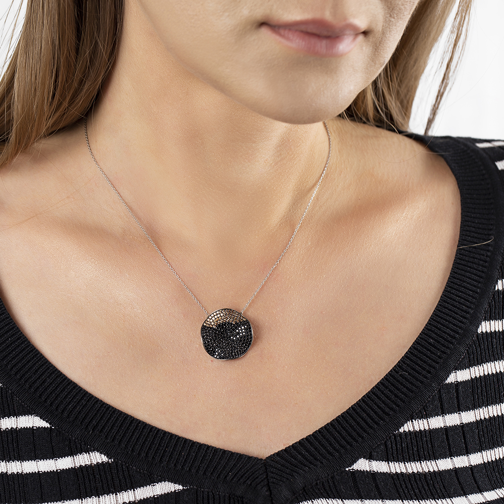 Sarı Siyah Zirkon Taşlı Dalgalı Tasarım 925 Ayar Gümüş Bayan Kolye - 3