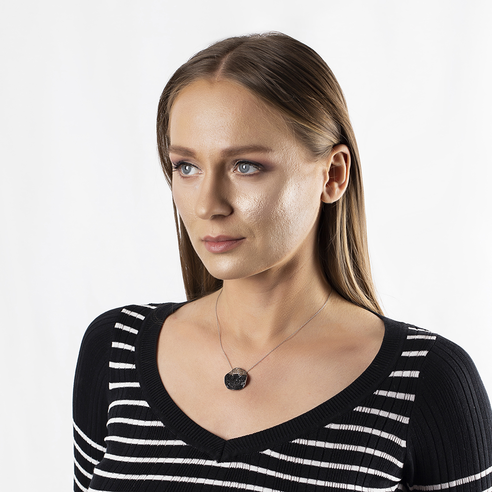 Sarı Siyah Zirkon Taşlı Dalgalı Tasarım 925 Ayar Gümüş Bayan Kolye - 2