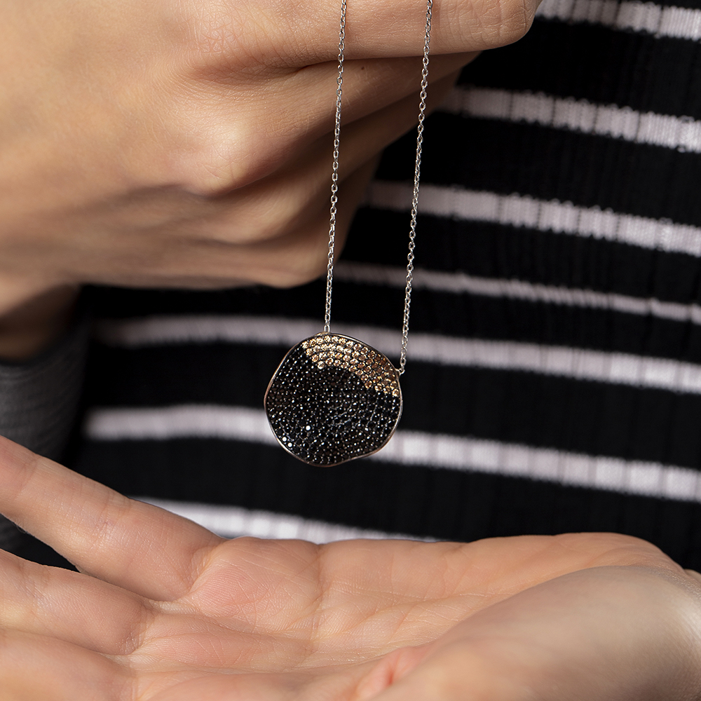 Sarı Siyah Zirkon Taşlı Dalgalı Tasarım 925 Ayar Gümüş Bayan Kolye - 4