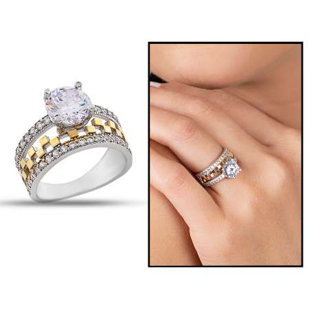 925 Ayar Gümüş Zirkon Taşlı Altın Renk Asimetrik Tasarım Tektaş Yüzük - Tesbihane