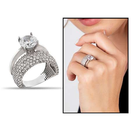 925 Ayar Gümüş 2 Sıra Zirkon Taş İşlemeli Yarım Tur Tektaş Yüzük - Tesbihane