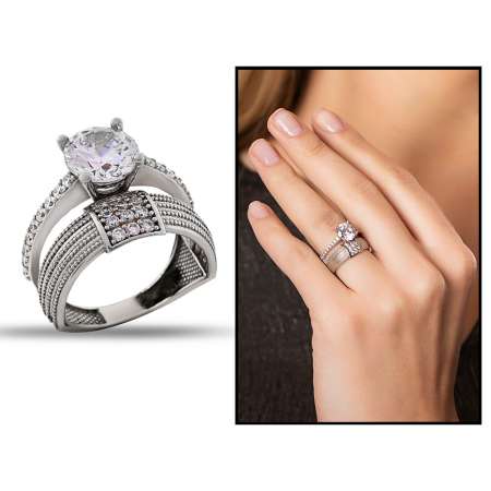 925 Ayar Gümüş 2 Sıra Zirkon Taşlı Kare Tasarım Yarım Tur Tektaş Yüzük - Tesbihane