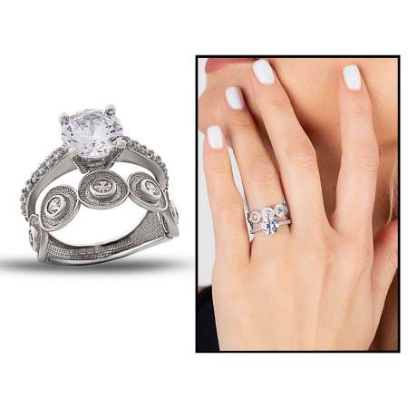 925 Ayar Gümüş Zirkon Taşlı Göz Tasarım Yarım Tur Tektaş Yüzük - Tesbihane