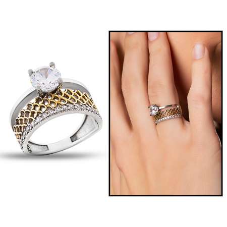 925 Ayar Gümüş Zirkon Taşlı Yarım Tur Altın Renk Tektaş Yüzük - Tesbihane