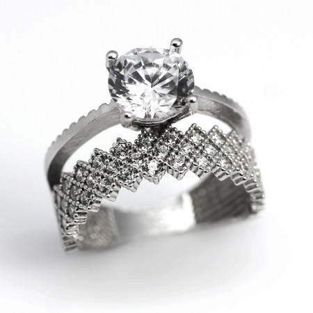 925 Ayar Gümüş Büyük Zirkon Taşlı Taç Tasarım Bayan Tektaş Yüzük - Tesbihane