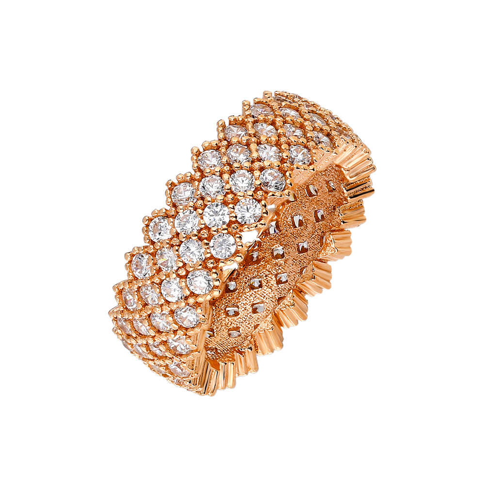 925 Ayar Gümüş Zirkon İşlemeli Tam Tur Rose Renk Bayan Yüzük - 2