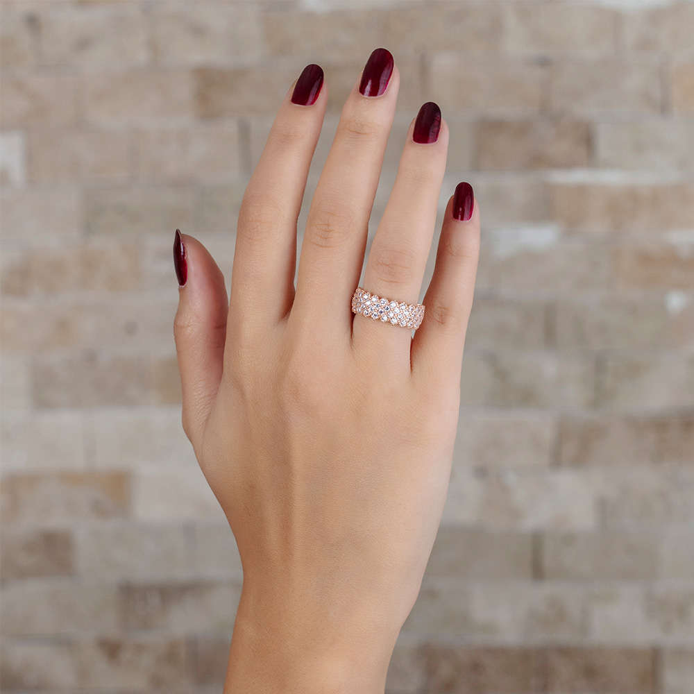 925 Ayar Gümüş Zirkon İşlemeli Tam Tur Rose Renk Bayan Yüzük - 3