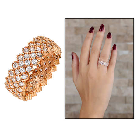 925 Ayar Gümüş Zirkon İşlemeli Tam Tur Rose Renk Bayan Yüzük - Tesbihane