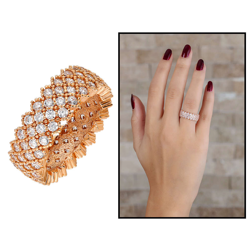 925 Ayar Gümüş Zirkon İşlemeli Tam Tur Rose Renk Bayan Yüzük - 1