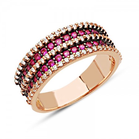 925 Ayar Gümüş Beş Sıra Fuşya Rengi ve Beyaz Zirkon Taşlı Yüzük - Tesbihane