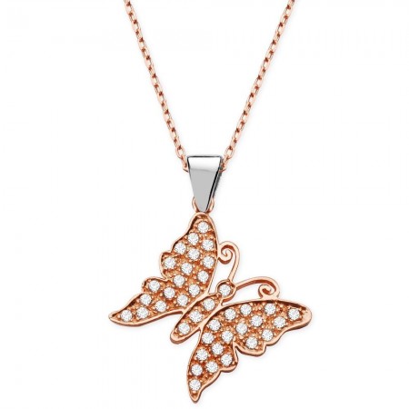 925 Ayar Gümüş Beyaz Zirkon Taşlı Gölgeli Kelebek Kolye - Tesbihane