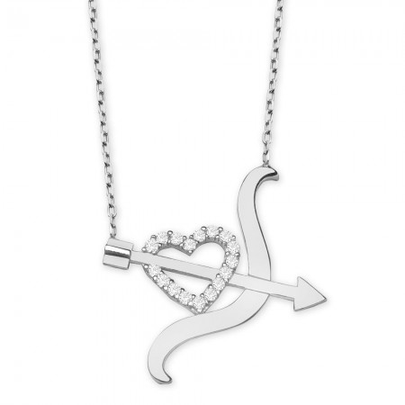 925 Ayar Gümüş Beyaz Zirkon Taşlı Kalpli Yay Ok Tasarım Kolye - Tesbihane