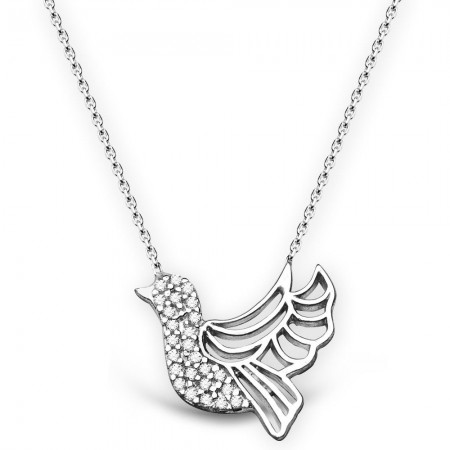 925 Ayar Gümüş Beyaz Zirkon Taşlı Kuş Tasarım Kolye - Tesbihane