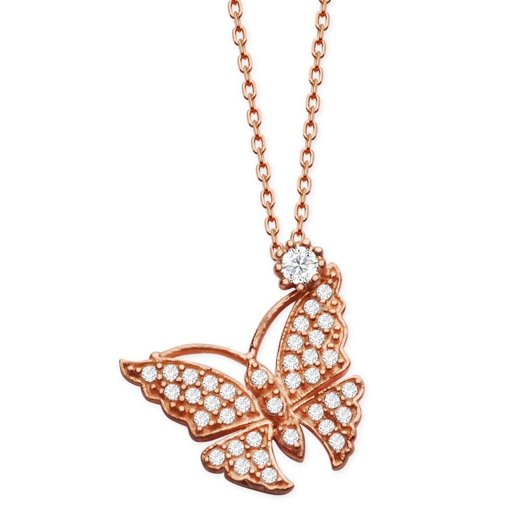 925 Ayar Gümüş Beyaz Zirkon Taşlı Rose Kaplamalı Kelebek Kolye - 1