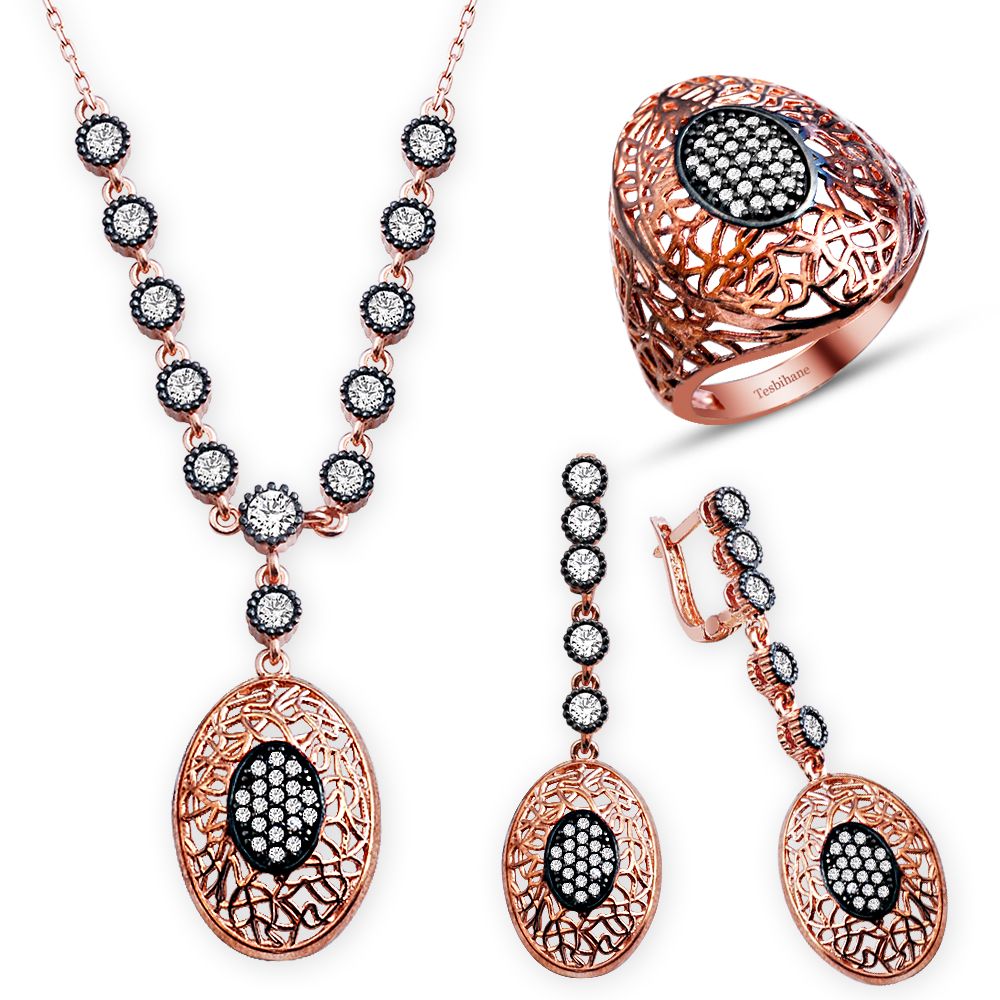 925 Ayar Gümüş Beyaz Zirkon Taşlı Roze Kaplamalı Su Yolu Set (BSR0035) - 1