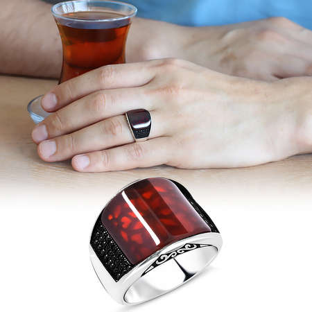 Zirkon Taş İşlemeli Bombeli Akik Taşlı 925 Ayar Gümüş Erkek Yüzük - Tesbihane