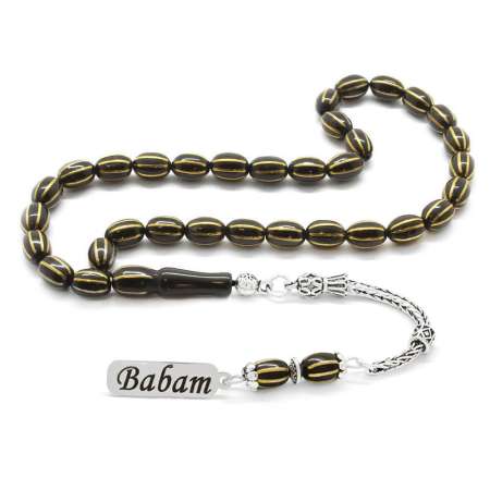 925 Ayar Gümüş Canım Babam Püsküllü Pirinç İşlemeli Kapsül Kesim Rus Oltu Tesbih - Tesbihane