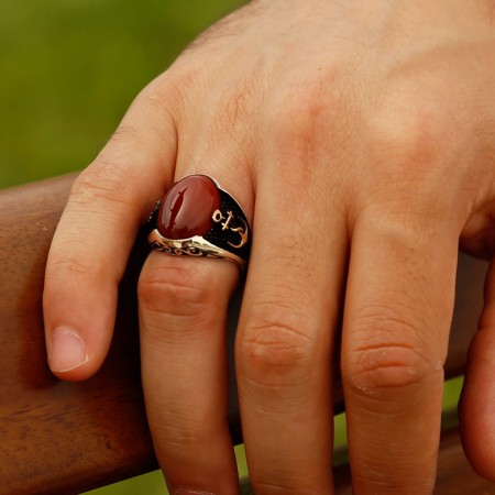 925 Ayar Gümüş Çapa Detaylı Kırmızı Akik Taşlı Yüzük - Tesbihane