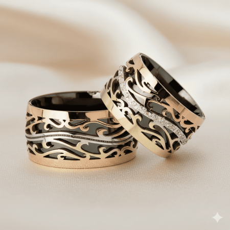 Su Yolu Tasarım Motif İşlemeli 925 Ayar Gümüş Çift Alyans - Tesbihane