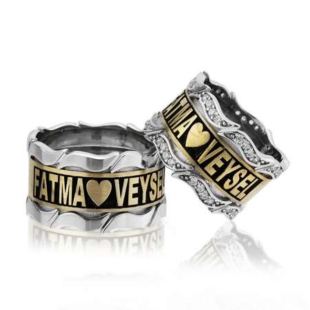 Kişiye Özel İsim Yazılı Yaprak Motifli 925 Ayar Gümüş Çift Alyans - Tesbihane