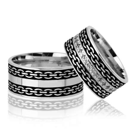 Zincir Desen İşlemeli 925 Ayar Gümüş Çift Alyans - Tesbihane