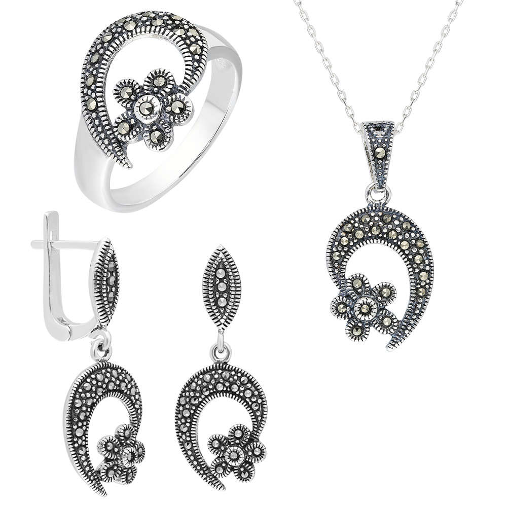 Zirkon Taşlı Çiçek Tasarım 925 Ayar Gümüş 3 lü Takı Seti - 3