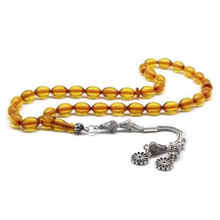 925 Ayar Gümüş Çiçek Püsküllü Arpa Kesim Bal Rengi Damla Kehribar Tesbih - Tesbihane